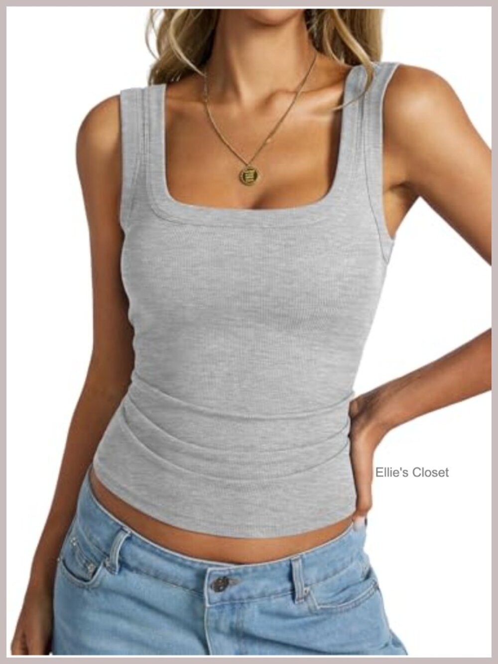 Ribbed Cotton Tank Top Backless Square Neck Wide Straps